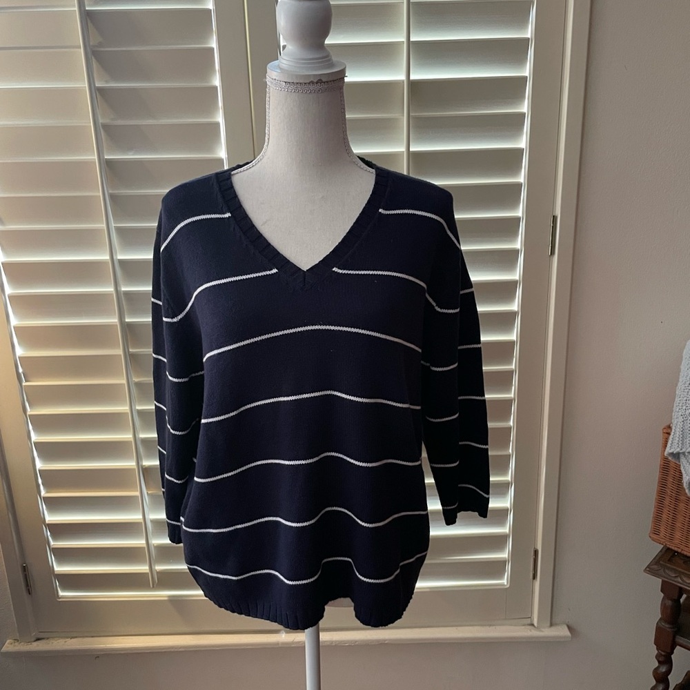 White Stag Vintage sweater Navy Blue White stripes ribbed cotton V Neck size LG - Picture 5 of 13